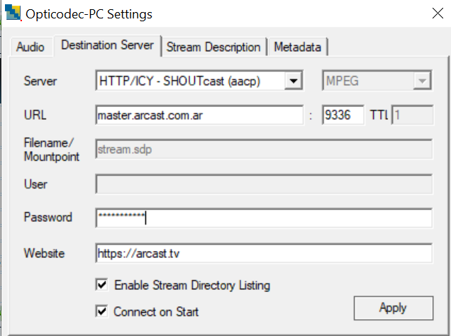 Configuración reemplazando los datos otorgados de nuestra cuenta de Streaming Radio